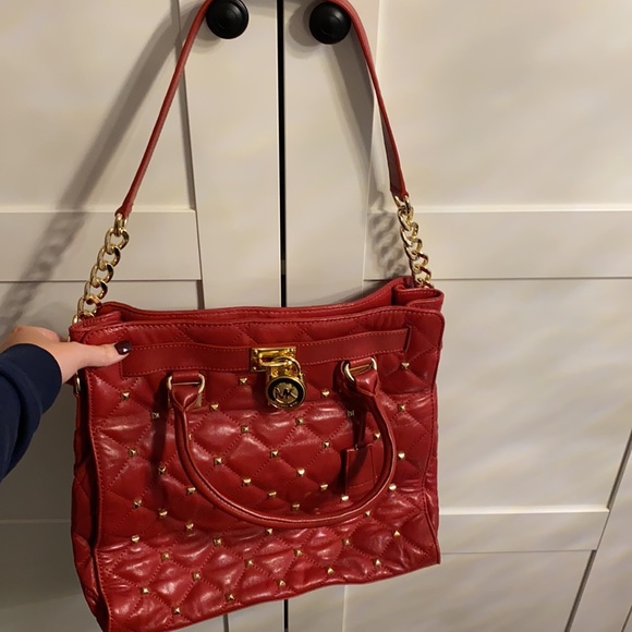 Michael Kors Tote Double Strap Shoulder Handbag Bright Red with Gold Hardware - Picture 7 of 7